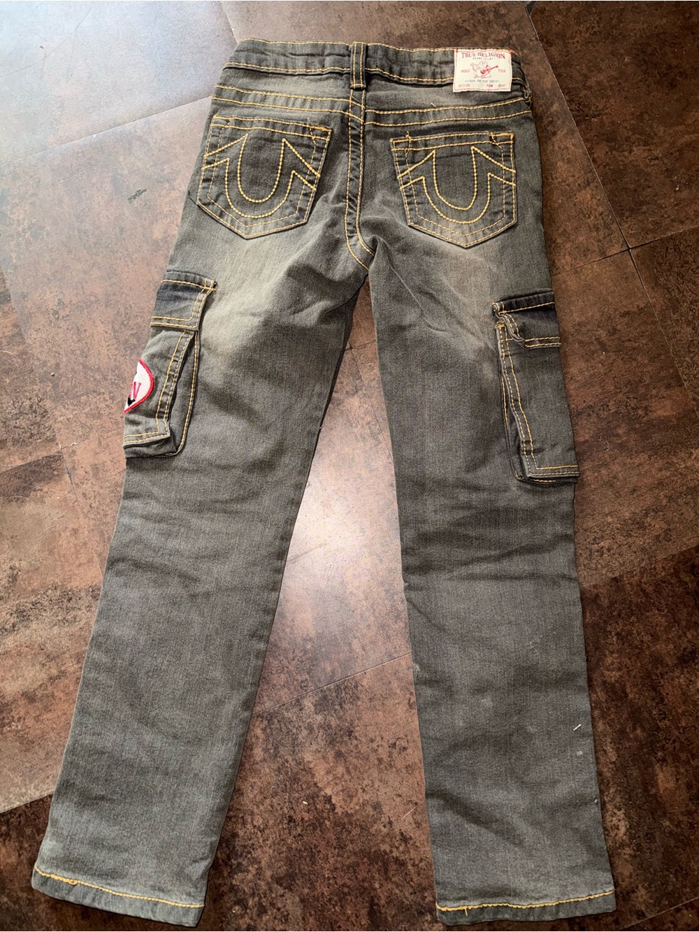 True Religion Men’s Gray Straight Cargo Jeans with Yellow Stitching